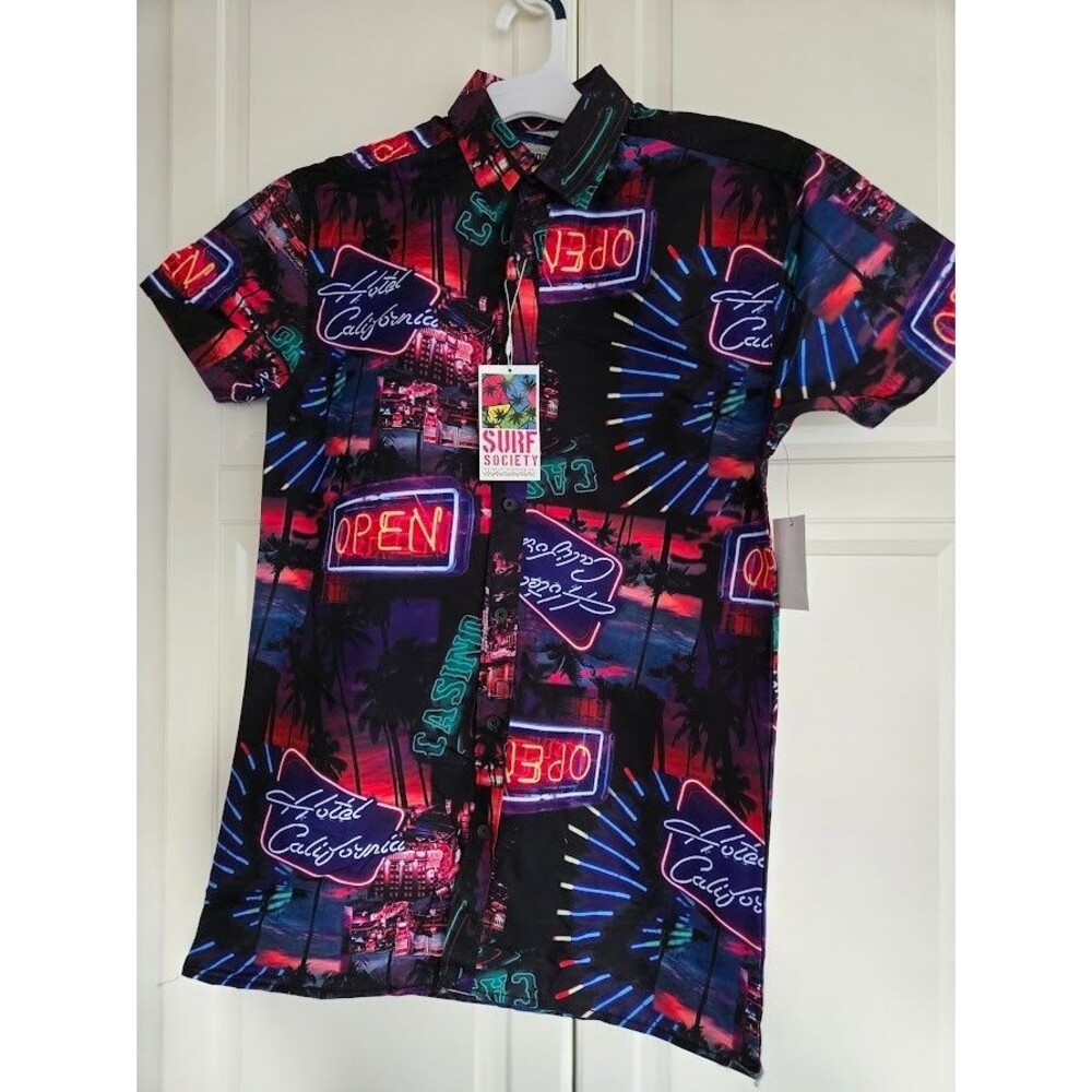 Surf Society Hotel California Button Down Hawaiian Style Shirt Mens SMALL - NEW